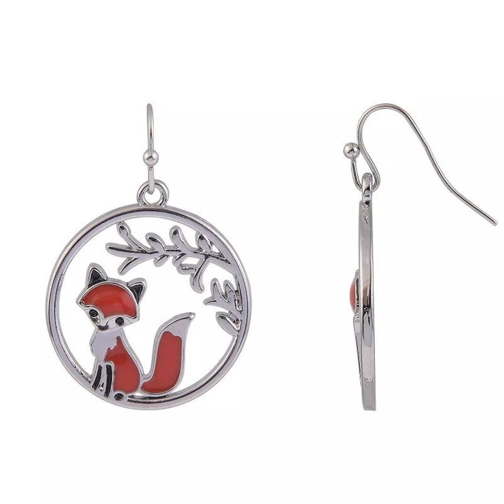 Fall Fox and Branch Ring Drop Earrings Silver NWT